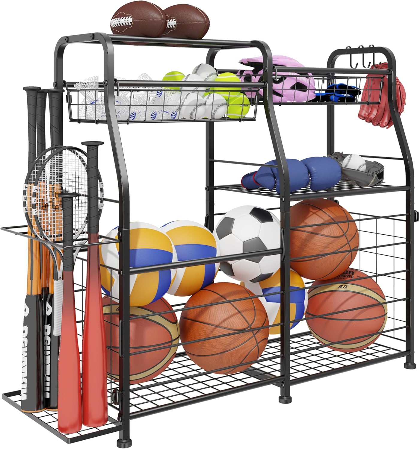 Garage Sports Equipment Organizer with Wheels - Ball Storage Rack with Elastic Rope or Wire Mesh,Garage Organizer System,Indoor/Outdoor Sports Rack for Sports Gear and Toys Storage,Black