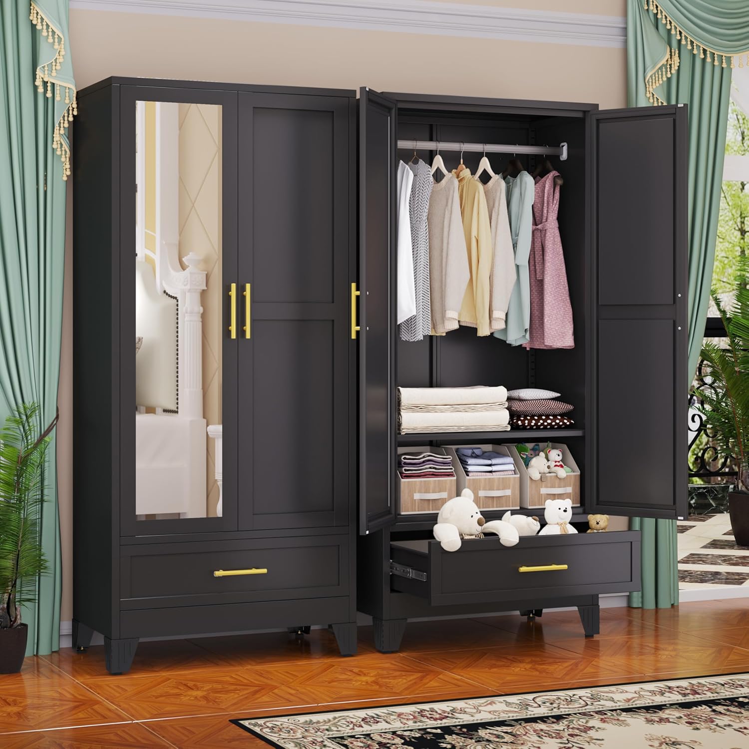 61.02" Metal Storage Cabinet, Pantry Storage Cabinets with 2 Door 2 Adjustable Shelf 2 Drawers, Steel Pantry Cabinet for Home Office Bedroom Kitchen (White), 13.78" D x 27.55" W x 61.02" H