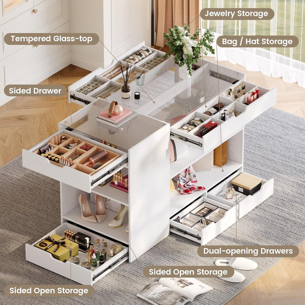ANCTOR Bedroom Island, 47.4”W Wardrobe Closet Armoire Island with 8 Drawers Glass Top, Jewelry Center Island for Walk in Closet, Dresser for Bedroom Cloakroom Store, White