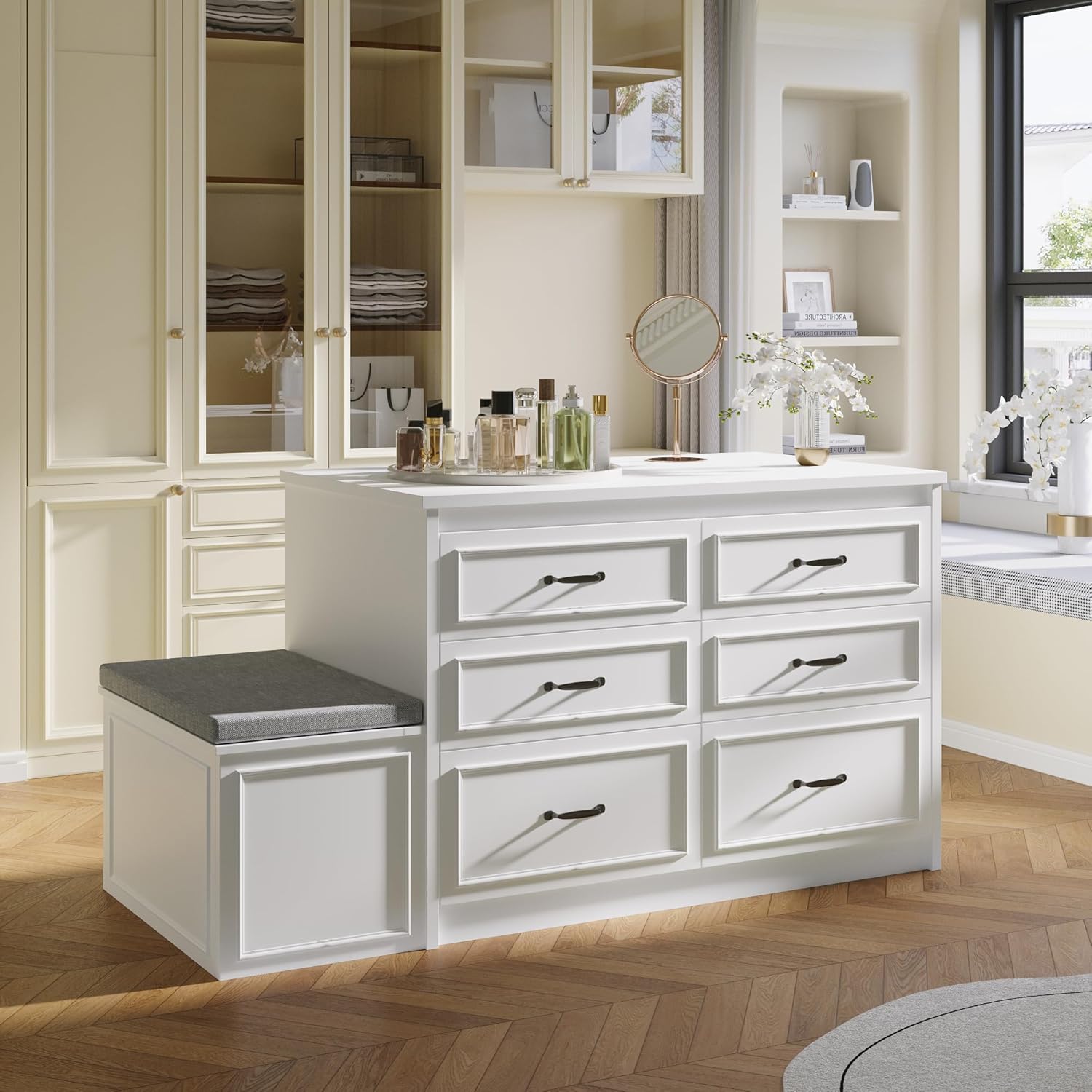 ECACAD 61.9" W Closet Island with Storage Bench & 14 Drawers, Modern Wooden Armoire Wardrobe Dresser Island for Bedroom Walk-in Closet, White