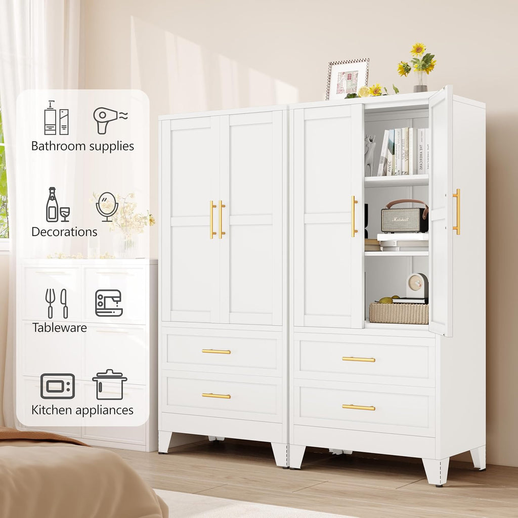 61.02" Metal Storage Cabinet, Pantry Storage Cabinets with 2 Door 2 Adjustable Shelf 2 Drawers, Steel Pantry Cabinet for Home Office Bedroom Kitchen (White), 13.78" D x 27.55" W x 61.02" H