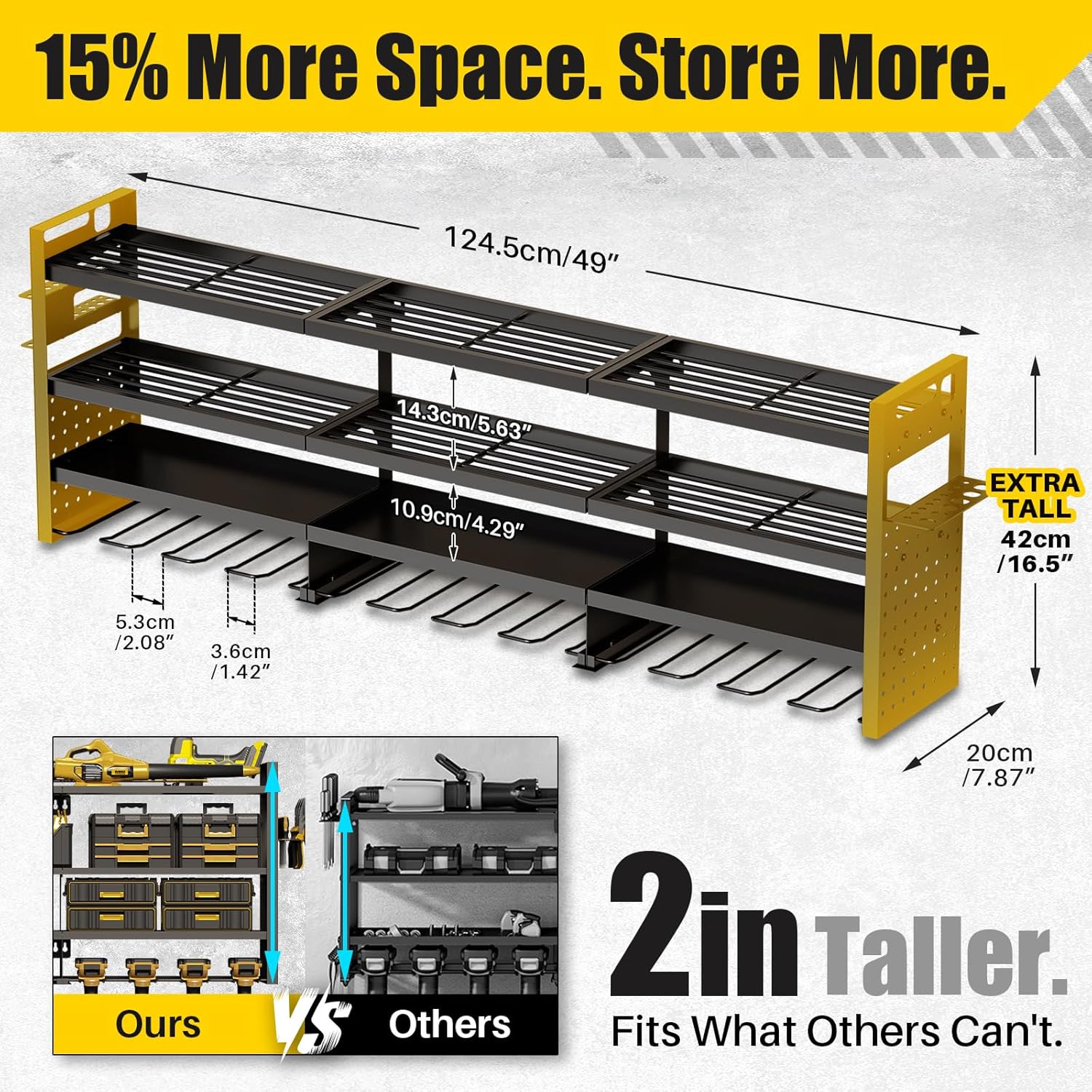 Large 49''W Power Tool Organizer Wall Mount | 620lbs Garage Storage Rack with 12 Cordless Drill Holder | 4-Tier Heavy Duty Utility Shelf for Battery Workshop Organization
