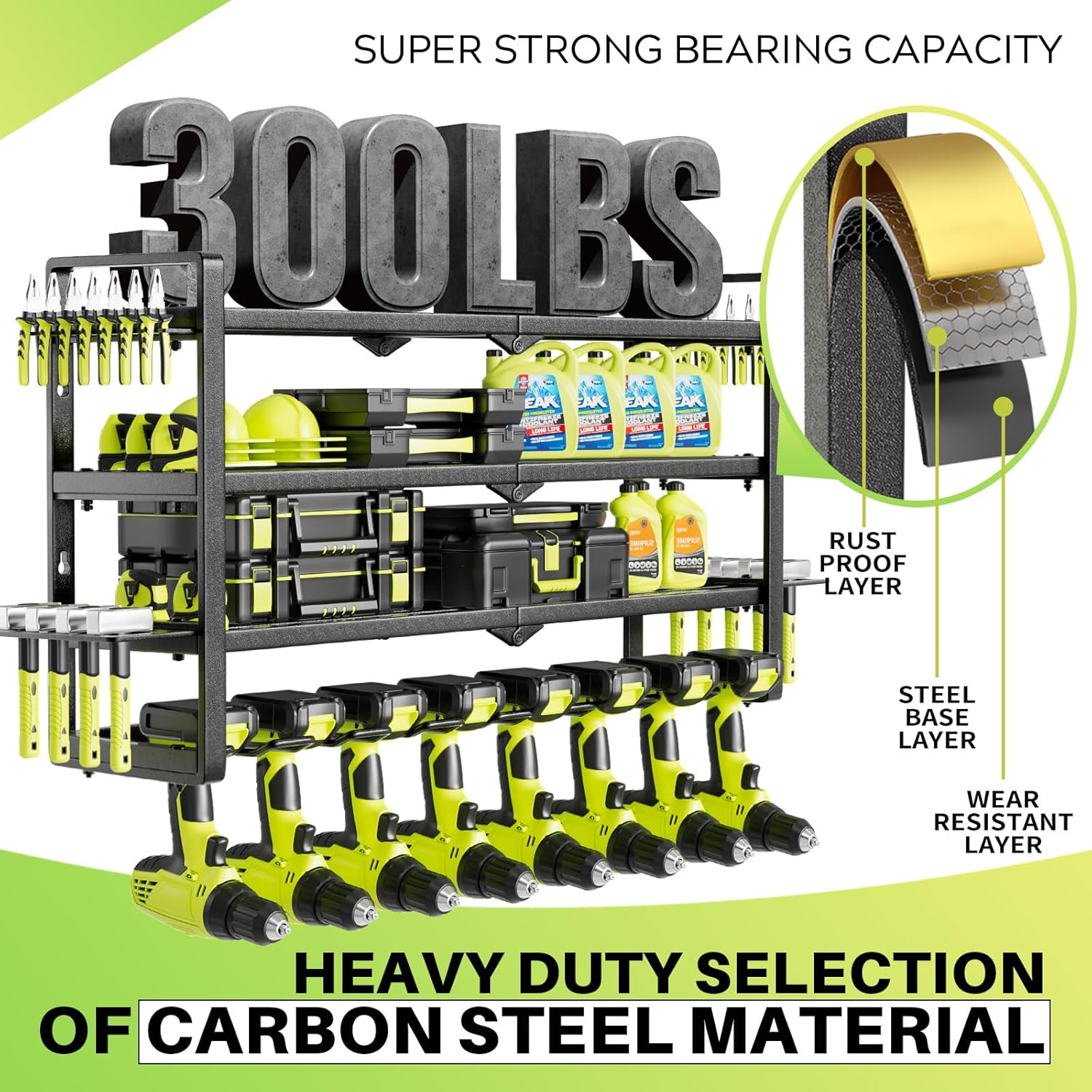 Large Power Tool Organizer Wall Mount, Garage Storage Cordless Tool Organizer with Screwdriver Holder, Heavy Duty Metal Storage Rack with 8 Drill Holder 4 Layer, Gifts for Men Who Have Everything