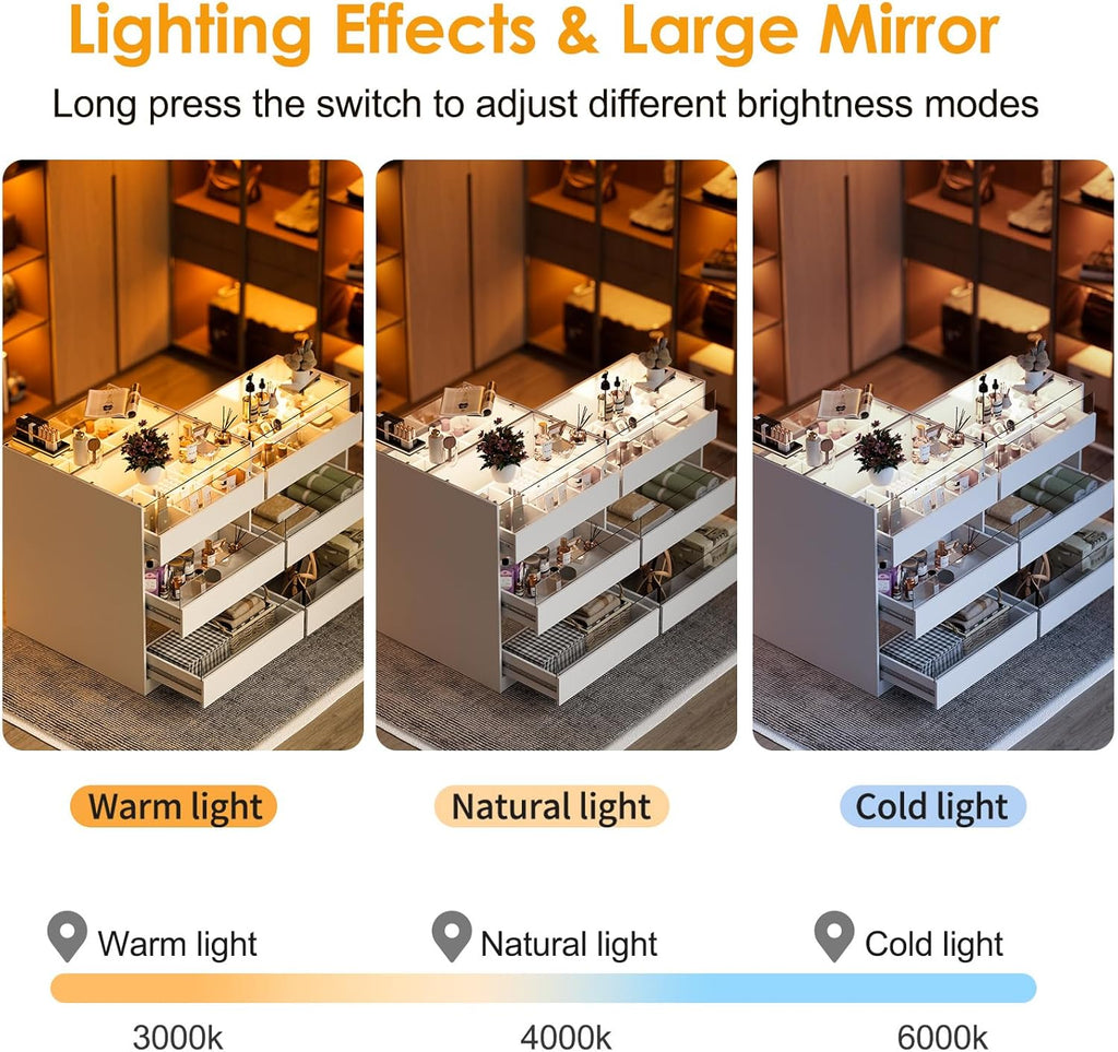 PakaLife Armoire Wardrobe Closet Island with 9 Drawers,Led Lights,Glass Tabletop,Bedroom Island with Jewelry Organizer,Storage Bench with Cushion,Island Dresser with Display Shelf for Fitting Room