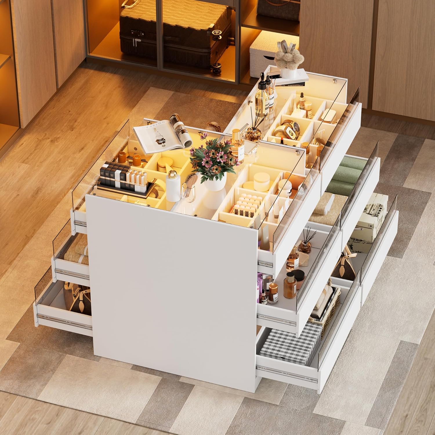 PakaLife Armoire Wardrobe Closet Island with 9 Drawers,Led Lights,Glass Tabletop,Bedroom Island with Jewelry Organizer,Storage Bench with Cushion,Island Dresser with Display Shelf for Fitting Room