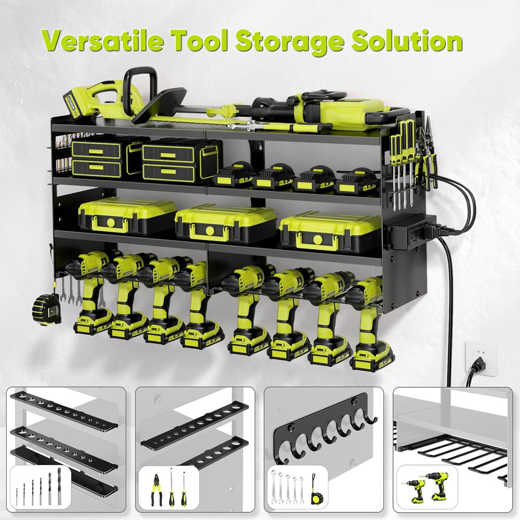 Large Power Tool Organizer Wall Mount with Charging Station,4 Layer Heavy Duty Metal Tool Storage Rack Loads 600lbs with 8 Cordless Drill Holder,Battery Utility Rack Loads with 4 Power Strip