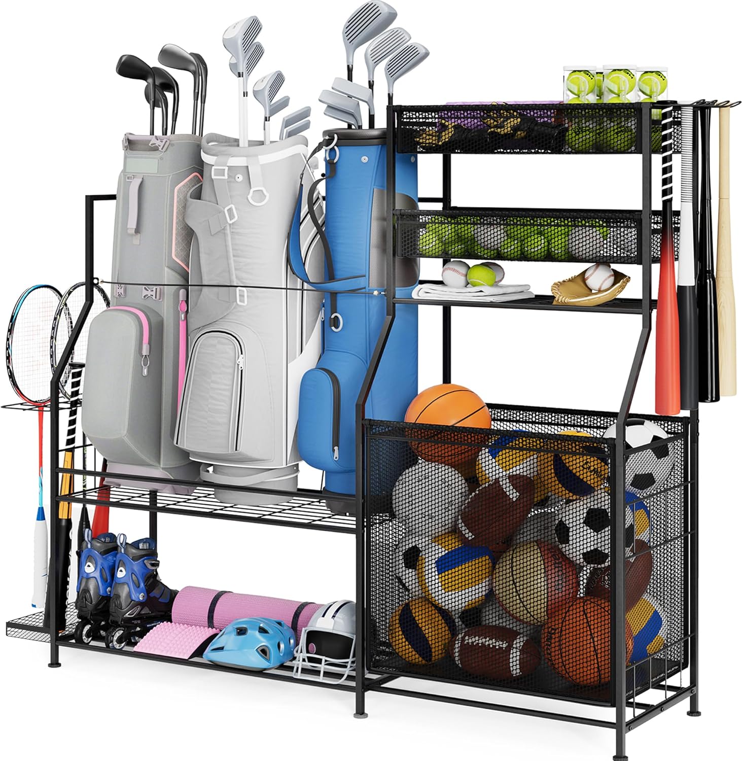 Garage Sports Equipment Organizer, 3 Golf Bag Organizer Stand Heavy-Duty Ball Storage Rack with Basket and Hooks, Ball Storage Cart for Toy Sports Gear Storage, Black