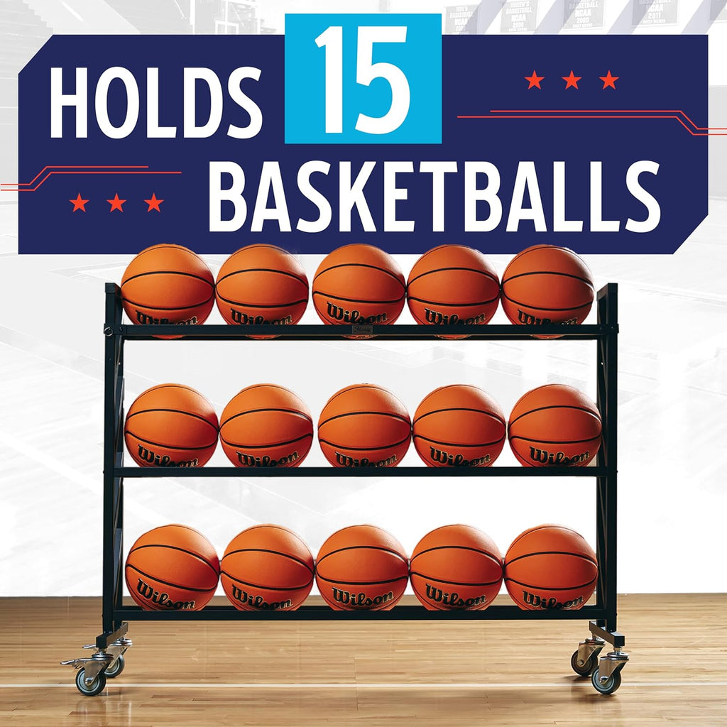 Murray Sporting Goods Premium Basketball Rack | Basketball Storage 3-Tier 15-Ball Heavy Duty Ball Cart with Wheels | Drop Pin for Shooters Preference