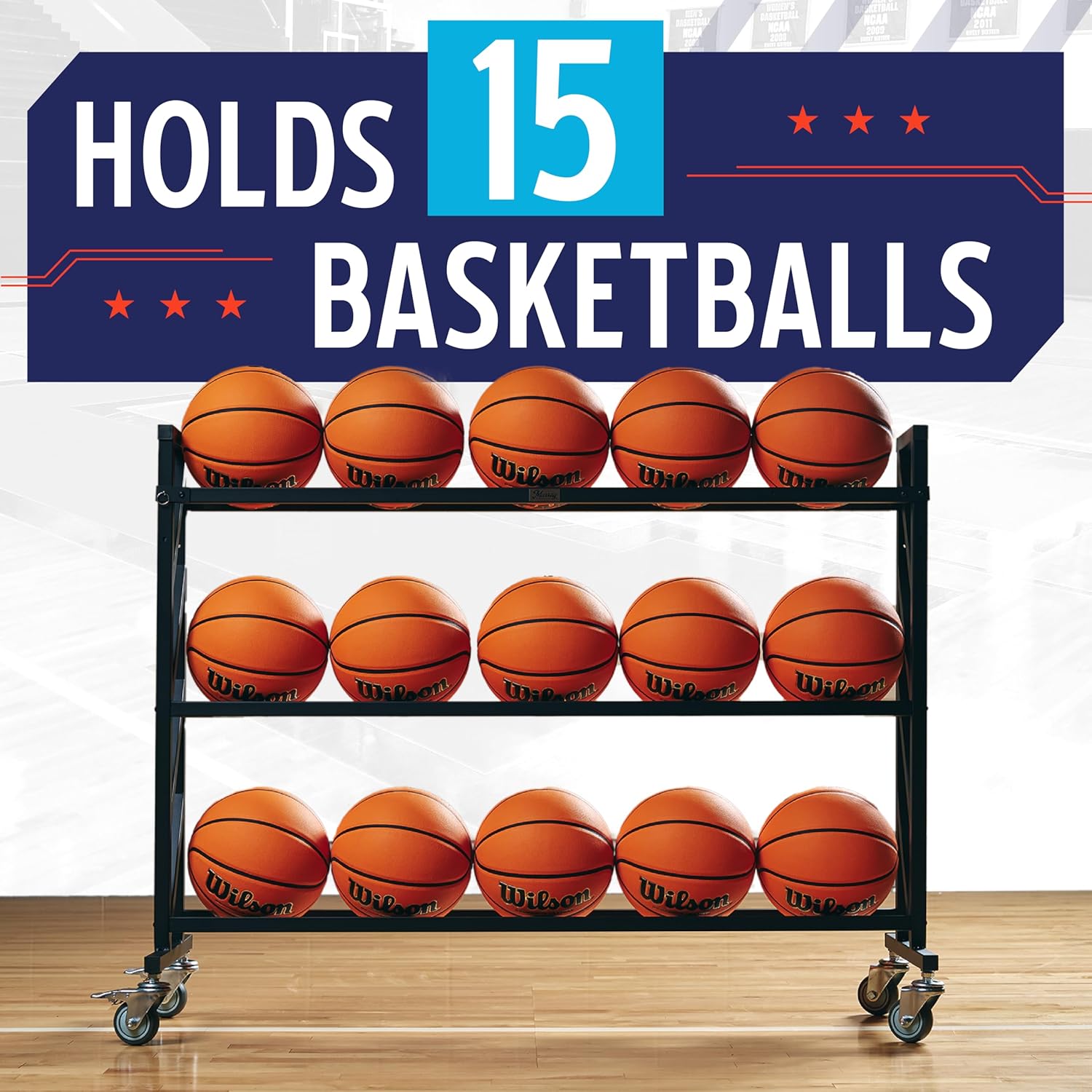 Murray Sporting Goods Premium Basketball Rack | Basketball Storage 3-Tier 15-Ball Heavy Duty Ball Cart with Wheels | Drop Pin for Shooters Preference