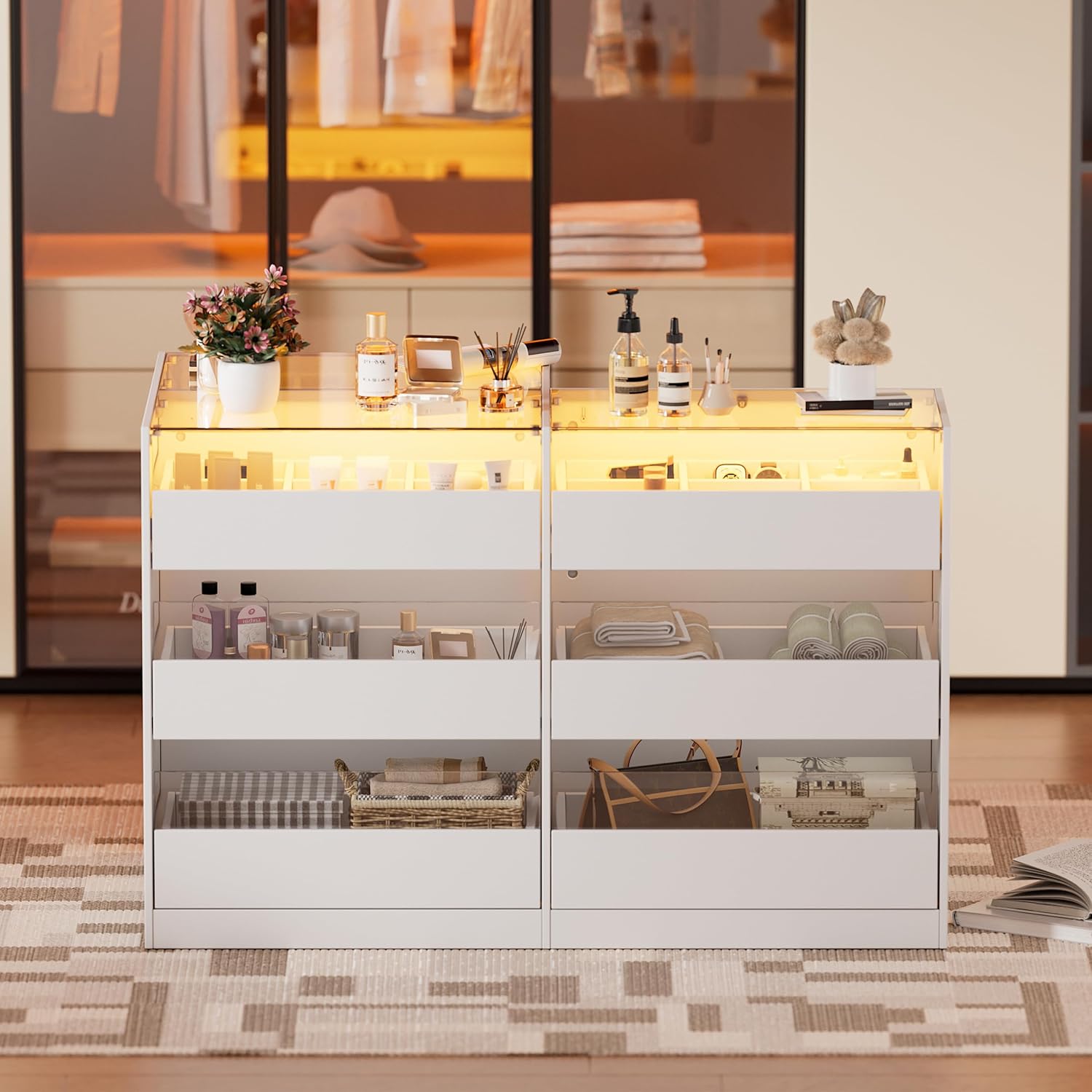 PakaLife Armoire Wardrobe Closet Island with 9 Drawers,Led Lights,Glass Tabletop,Bedroom Island with Jewelry Organizer,Storage Bench with Cushion,Island Dresser with Display Shelf for Fitting Room