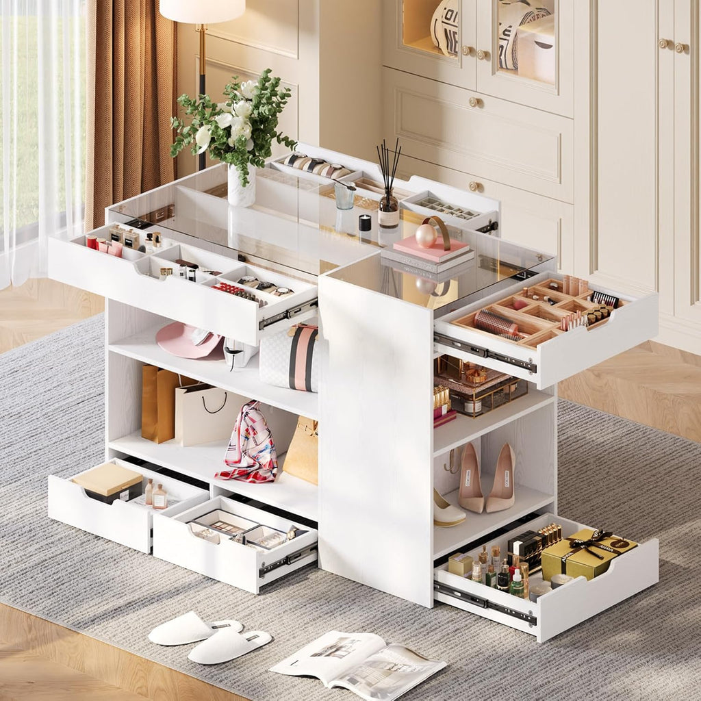 ANCTOR Bedroom Island, 47.4”W Wardrobe Closet Armoire Island with 8 Drawers Glass Top, Jewelry Center Island for Walk in Closet, Dresser for Bedroom Cloakroom Store, White
