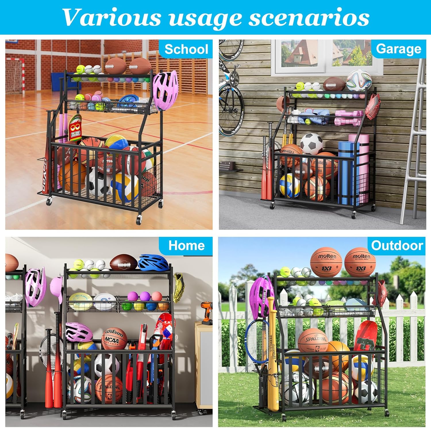 Garage Sports Equipment Organizer,Sports Ball Organizer with Wheels,Basket,Ball Organizer with Baseball Bat Rack and HooksToy Storage Rolling Cart-Black
