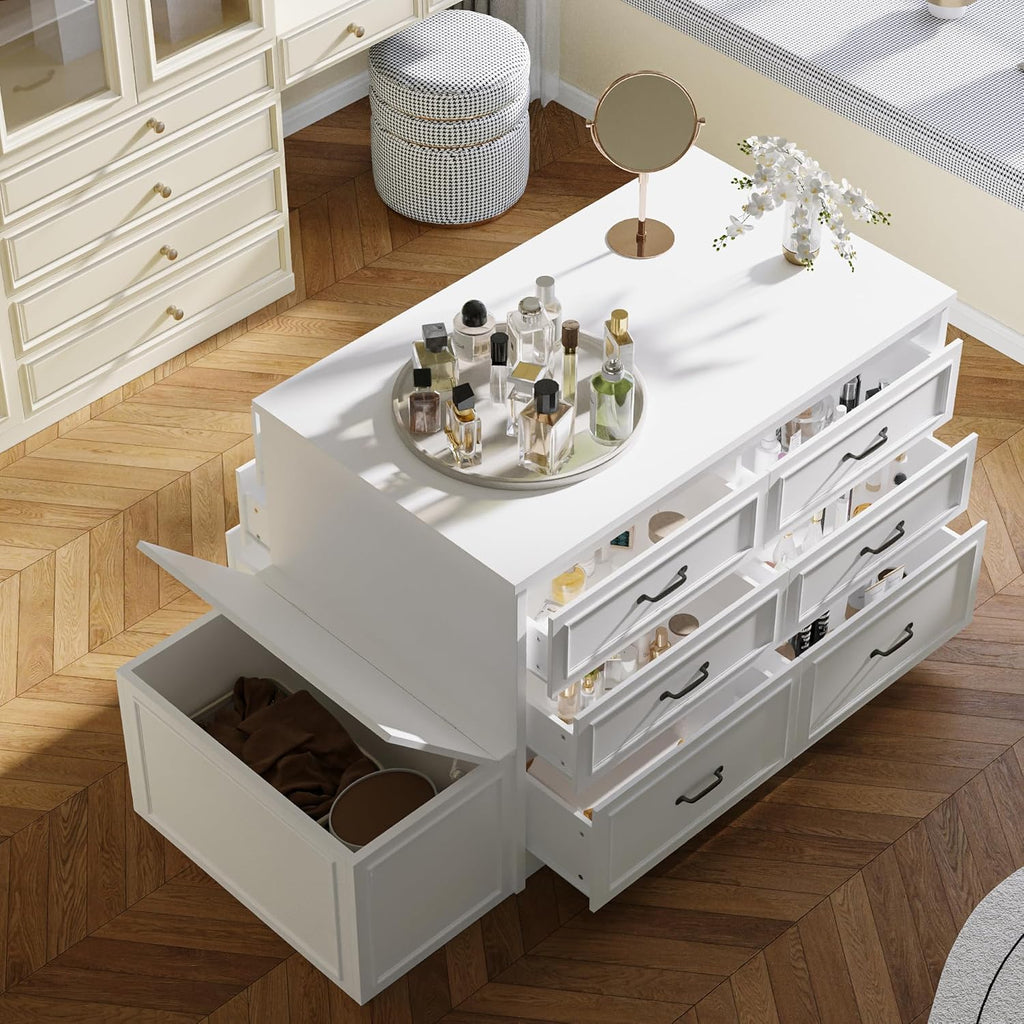 ECACAD 61.9" W Closet Island with Storage Bench & 14 Drawers, Modern Wooden Armoire Wardrobe Dresser Island for Bedroom Walk-in Closet, White
