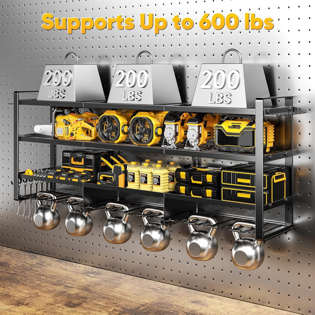49.5" W Large Power Tool Organizer Wall Mount with Charging Station, 4-Tier Heavy Duty12 Cordless Drills Holder Load 600 lb, Tool Battery Storage Rack Built in 8 Outlet Power Strip for Garage