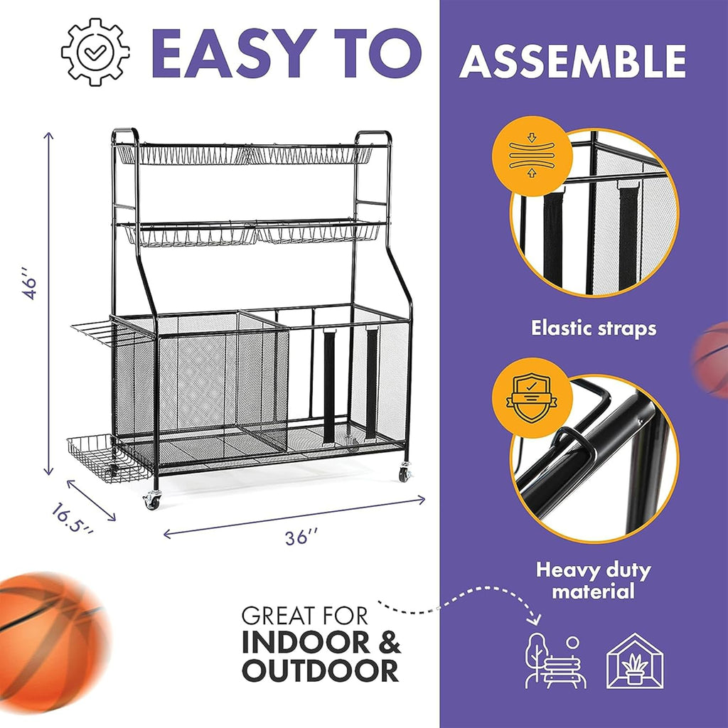 HOME IT Garage Sports Equipment Organizer - Garage Ball Storage Rack Organizer Holder with Baskets, Rolling Wheels & Breaks - Large Capacity Heavy Duty Steel Ball Storage Cart
