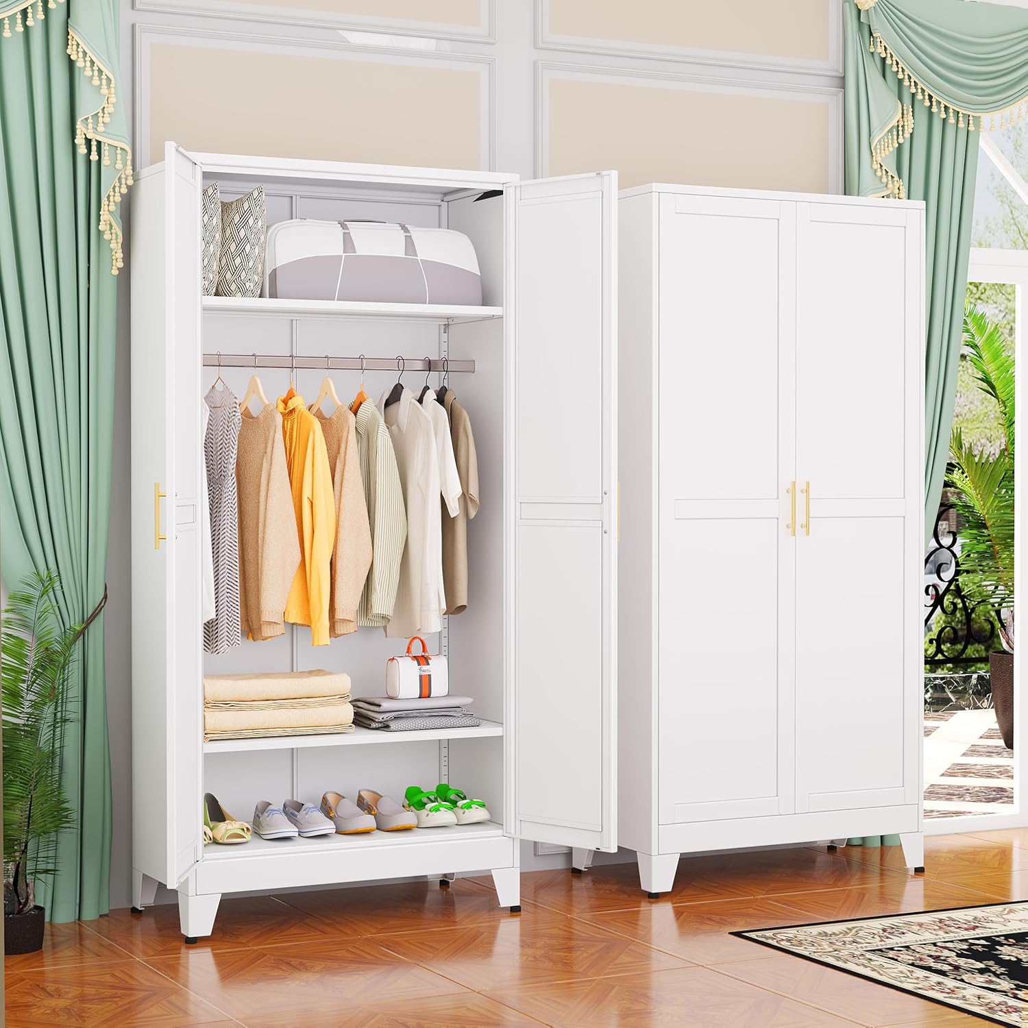 61.02" Metal Storage Cabinet, Pantry Storage Cabinets with 2 Door 2 Adjustable Shelf 2 Drawers, Steel Pantry Cabinet for Home Office Bedroom Kitchen (White), 13.78" D x 27.55" W x 61.02" H