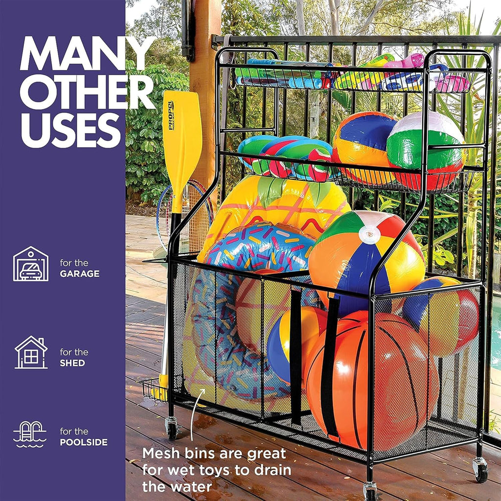 HOME IT Garage Sports Equipment Organizer - Garage Ball Storage Rack Organizer Holder with Baskets, Rolling Wheels & Breaks - Large Capacity Heavy Duty Steel Ball Storage Cart