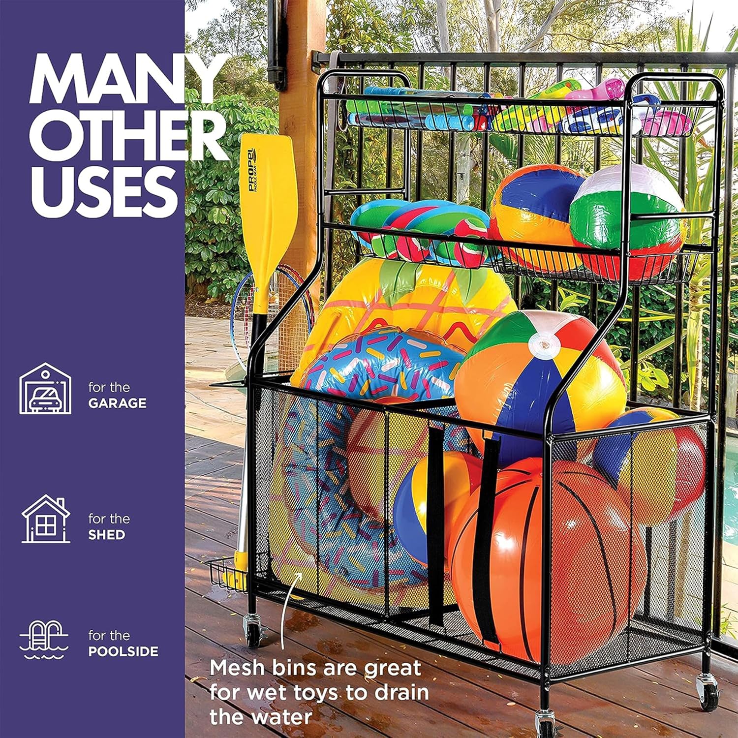 HOME IT Garage Sports Equipment Organizer - Garage Ball Storage Rack Organizer Holder with Baskets, Rolling Wheels & Breaks - Large Capacity Heavy Duty Steel Ball Storage Cart