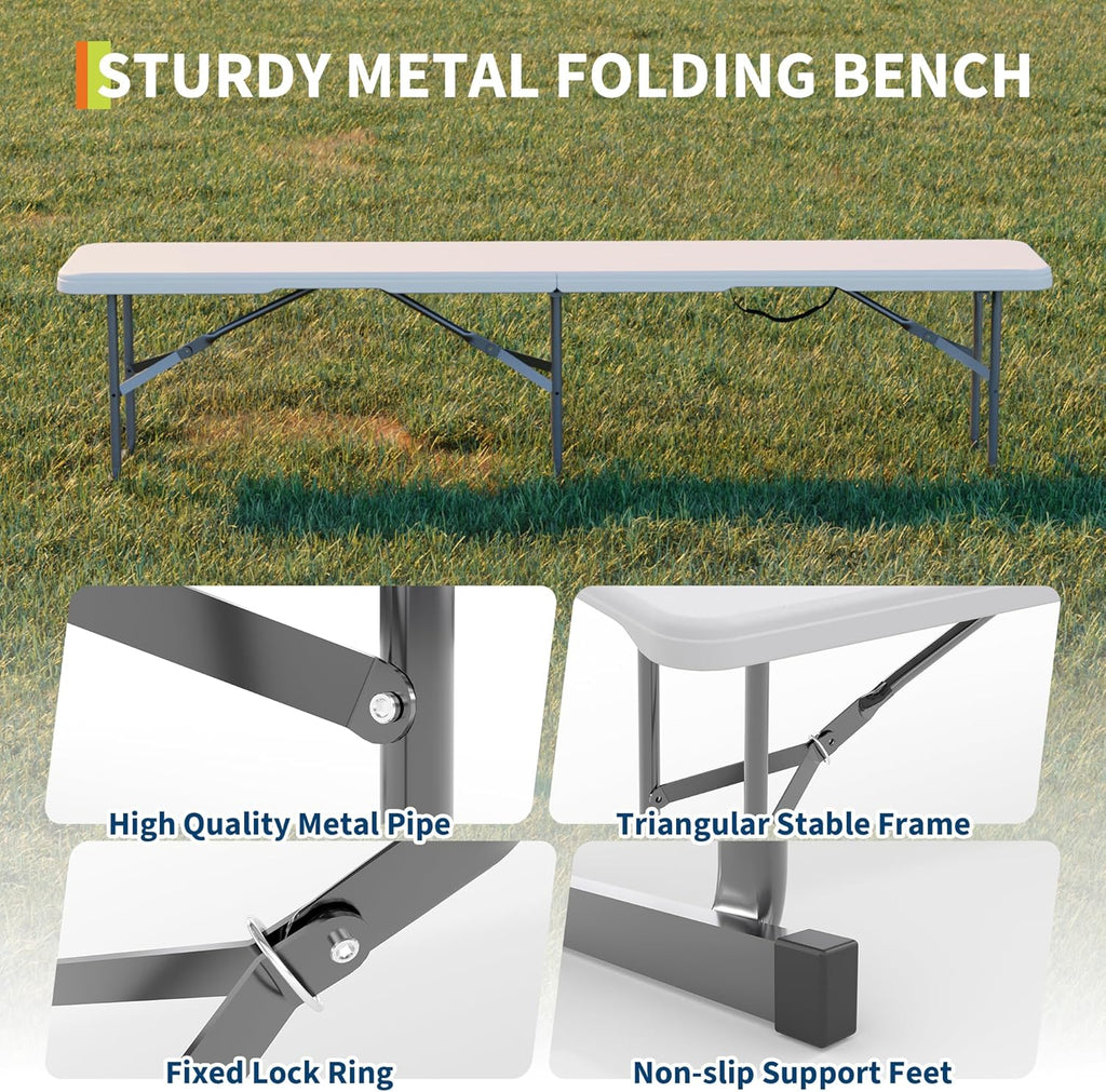 GarveeLife Portable Folding Bench 6 Foot 2 Pack, Plastic Foldable Bench HDPE BenchTop with Carrying Handle for Outdoor Picnic Camping Party Sports Activities - White