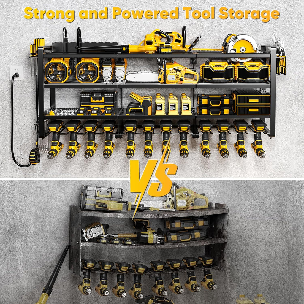 49.5" W Large Power Tool Organizer Wall Mount with Charging Station, 4-Tier Heavy Duty12 Cordless Drills Holder Load 600 lb, Tool Battery Storage Rack Built in 8 Outlet Power Strip for Garage