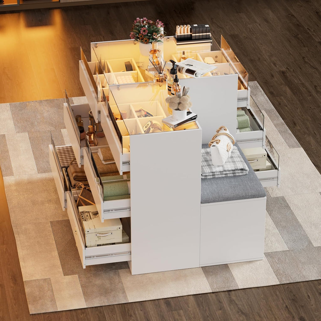 PakaLife Armoire Wardrobe Closet Island with 9 Drawers,Led Lights,Glass Tabletop,Bedroom Island with Jewelry Organizer,Storage Bench with Cushion,Island Dresser with Display Shelf for Fitting Room